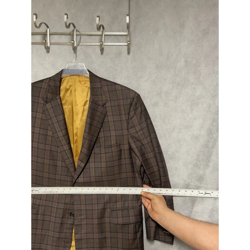 Tom James Blazer Men 44R Brown Blue Tartan Plaid Surgeon Cuffs Flannel Bespoke